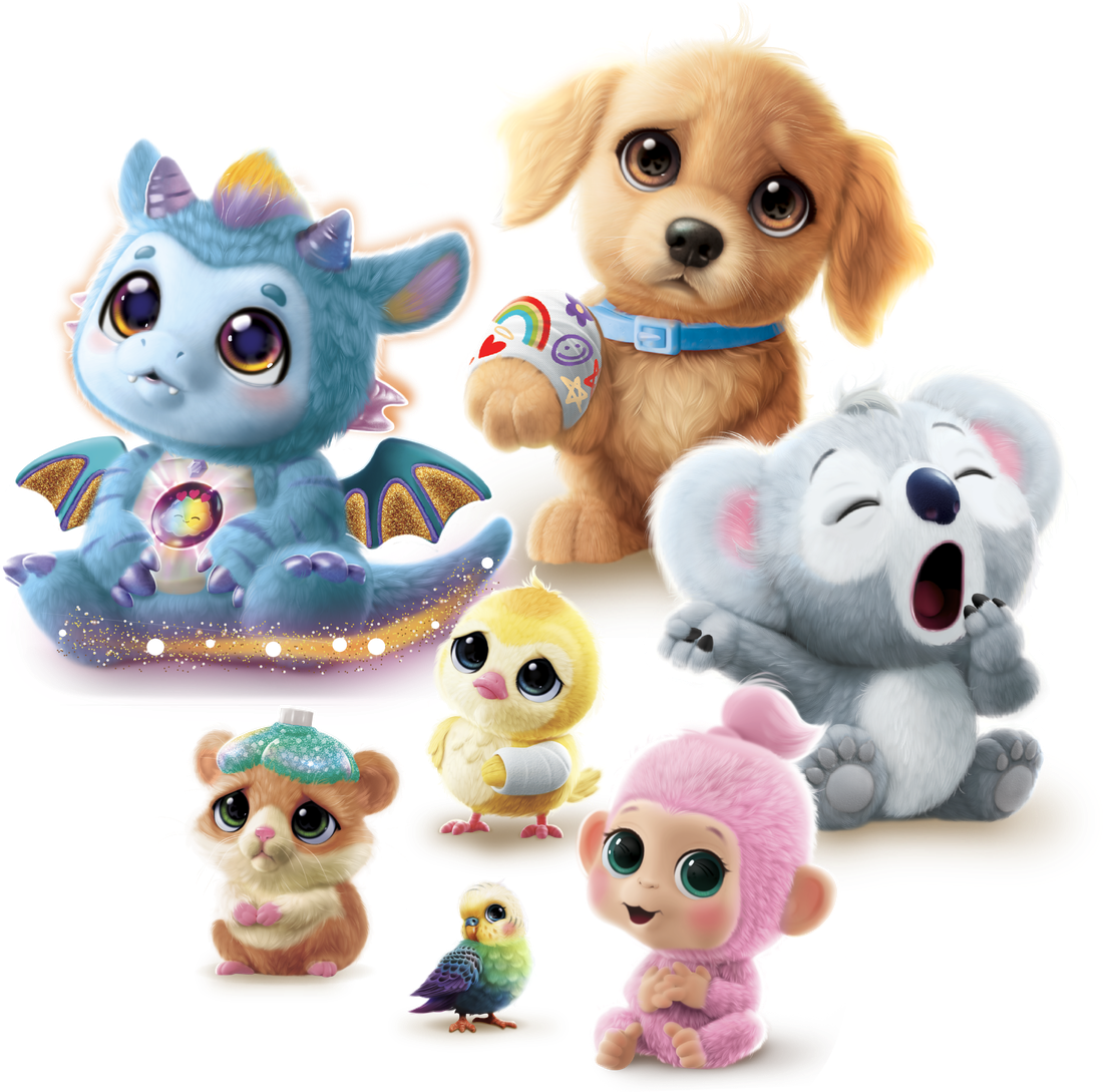 The Little Live Pets family: dragon Skye, an Ouchies puppy, koala Kiki, a chick, a hamster, a budgie and a baby monkey